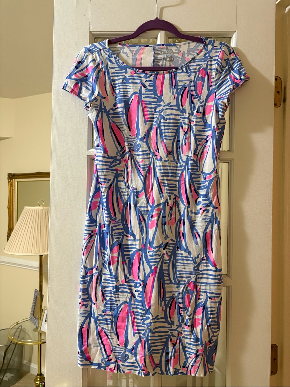 Casual Scoop Neck Sail Boat Printed Dress in Pink & Blue